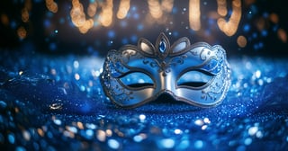 Maskerade maske på en glitrende blå overflade med slørede lys.