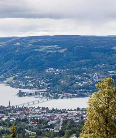 Udsigt over Lillehammer med sø og bakker.