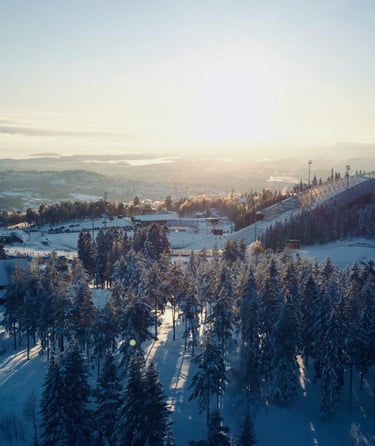 Vinterlandskab med Holmenkollen skihop i Oslo.