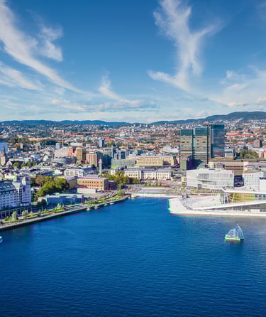 Luftfoto af Oslo med vand og bygninger