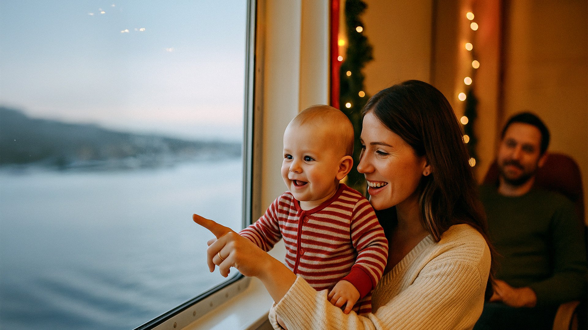 Folk der sidder inde i et køretøj med udsigt til landskabet udenfor.