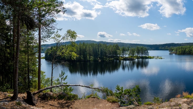 Norsk landskab med søer og skov