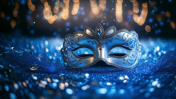 Maskerade maske på en glitrende blå overflade med slørede lys.