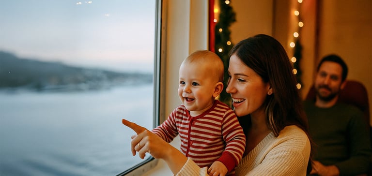 Folk der sidder inde i et køretøj med udsigt til landskabet udenfor.