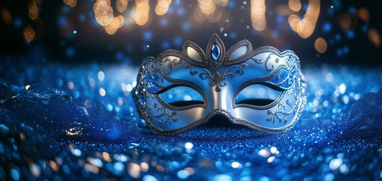 Maskerade maske på en glitrende blå overflade med slørede lys.