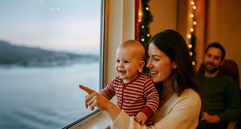 Folk der sidder inde i et køretøj med udsigt til landskabet udenfor.