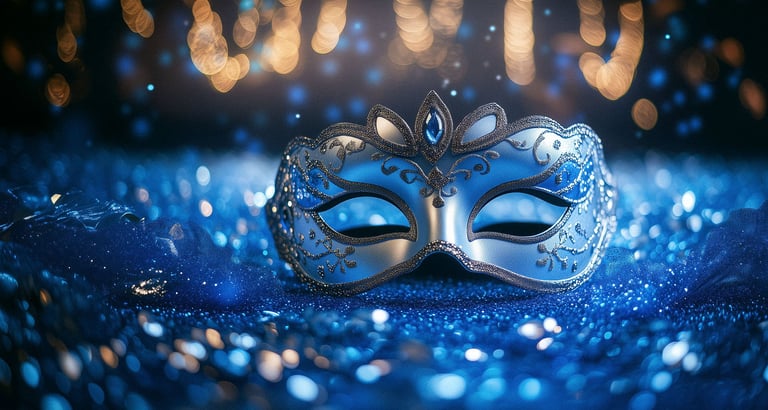 Maskerade maske på en glitrende blå overflade med slørede lys.
