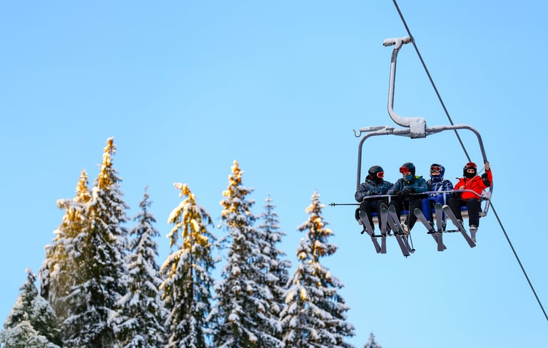Gruppe af mennesker på en skilift med sneklædte træer i baggrunden.